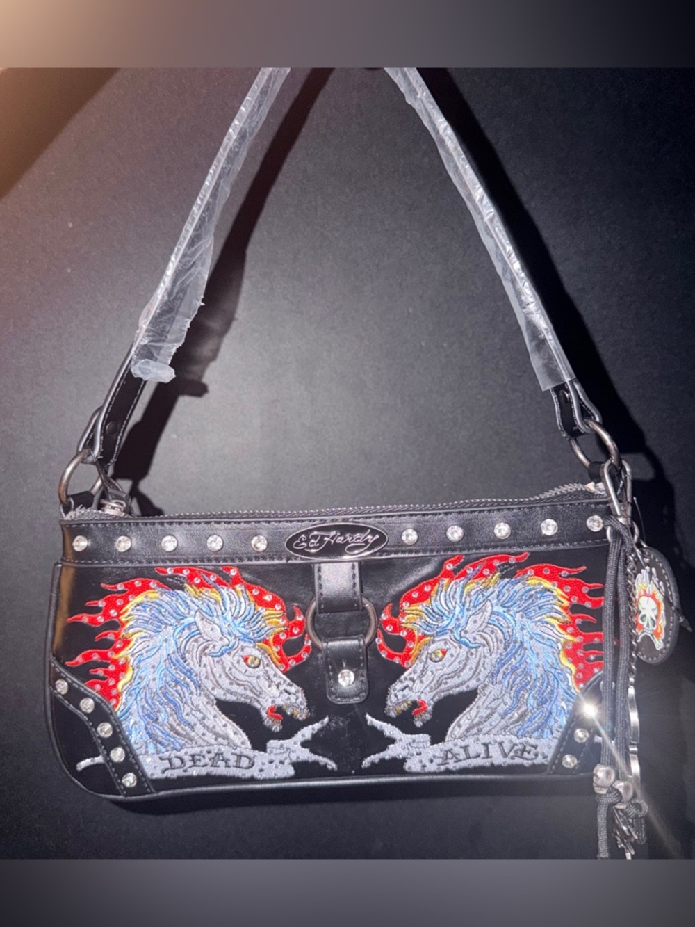 Ed Hardy Black Shoulder Bag with Embroidered Unicorns and Rhinestones